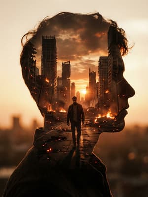 Cinematic double exposure portrait with person silhouette in profile containing inner scene of post-apocalyptic cityscape with man walking through destroyed burning urban street, ruins, glowing embers, dramatic sunset, moody warm lighting
