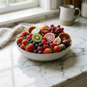 Photorealistic still life of fresh colorful fruit in a bowl on white marble countertop with bright clean lighting and subtle reflections