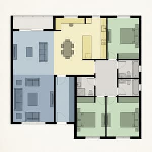 Professional 2D floor plan architectural drawing in modern style with furniture symbols and color-coded zones in top-down view