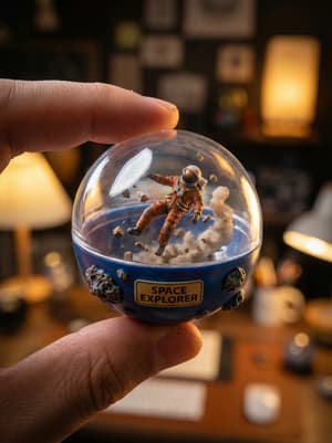 Transparent gashapon capsule diorama held between fingers with detailed miniature figure inside, colored base with themed decoration, dramatic cinematic lighting, photorealistic detail