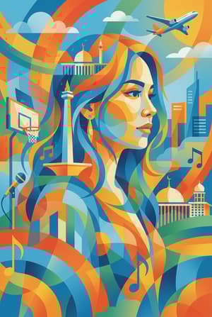 Dynamic geometric vector collage illustration with female portrait blending Jakarta landmarksIstql Mosque Monas sports equipment clouds skylines flowing geometric shapes bright saturated colors blue orange red yellow green busy layered energetic pop art style