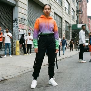 Stylish urban fashion photograph with oversized gradient hoodie transitioning orange to purple to green, black cargo pants and white sneakers