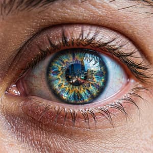 Extreme close-up macro shot of human eye with complex iridescent iris reflecting night cityscape, highly detailed skin texture