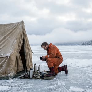 Hyper-realistic cinematic image of man ice fishing in winter landscape, wearing glasses and orange winter clothing, sitting outside light brown tent on frozen pond, white cloudy sky, natural diffused lighting
