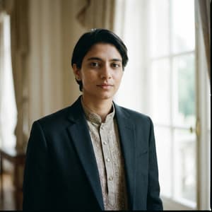 Indo-Western portrait with strict identity preservation, maintaining exact facial structure, body proportions, skin tone, and asymmetry