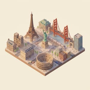 45 degree top-down isometric miniature 3D cartoon city scene with iconic landmarks, soft PBR textures, realistic lighting and shadows, atmospheric weather effects
