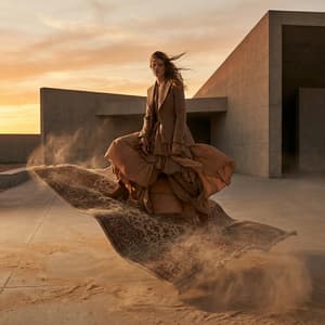 High-fashion editorial shot of model sitting or standing on flying magic carpet during takeoff, wearing sophisticated layered outfit, modern architectural setting with desert dust swirling around carpet edges