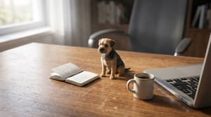 Hyper-realistic macro scene of toy-sized dog on wooden office desk with laptop notebook and coffee mug, shallow depth of field, morning lighting