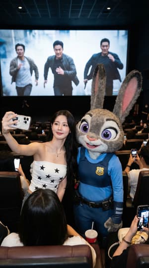 Beautiful Korean woman Miyeon taking a selfie with Disney Judy Hopps in a dark crowded movie theater with cinematic lighting, photorealistic 8K style