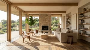 Modern sunlit living room interior with photorealistic architectural digest style, natural materials and high detail 8k resolution wide angle view