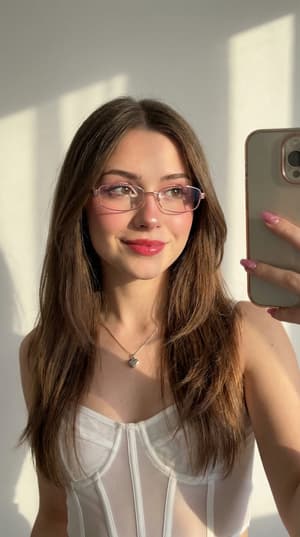 Hyper-realistic high-angle morning selfie of young woman in white Y2K corset top with morning sunlight from right, pink-gold glasses, silver heart necklace, fresh natural look
