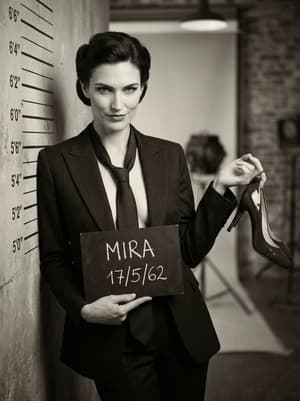Hyper-realistic vintage mugshot style portrait of woman in dark pinstripe suit holding height chart board with shoe in hand, sepia-toned archival aesthetic