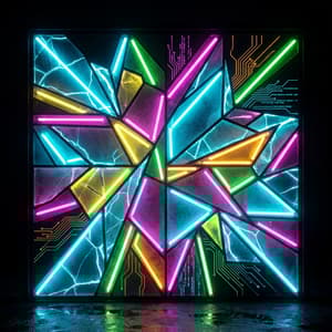 Neon glow art-style geometric stained glass composition with sharp angular shapes and vibrant glowing edges simulating futuristic electrified version of traditional stained glass, high contrast deep black backgrounds with intense saturated colors and luminous backlit effect