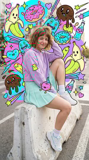 Young woman in lavender hoodie and mint skirt sitting on street barrier surrounded by dense maximalist pop-art sweets monsters and neon graphic elements