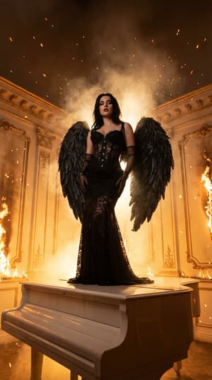 Dramatic low angle cinematic editorial shot of stylish person in black lace corset with feathered wings atop white grand piano in lavish classical interior engulfed in flames and smoke with Tom Ford lighting