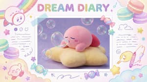 Cute pink Kirby character sleeping peacefully on a star, blowing rainbow-colored bubbles, soft macaron pastel colors with cloud and candy stickers, glittery crayon-style dreamy illustration