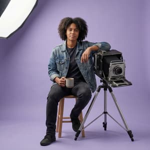 Hyper-realistic full-body portrait of person sitting beside oversized camera prop holding cup against minimal lavender studio background with soft cinematic lighting