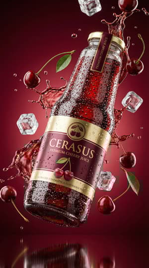 Ultra-realistic 3D commercial product shot of premium cherry juice bottle with condensation droplets, splashing juice, cherries and ice cubes against deep red gradient background