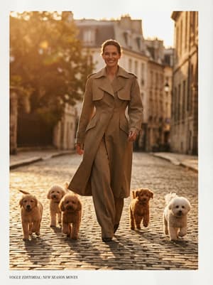 High-fashion editorial shot of person walking confidently toward camera surrounded by multiple small fluffy puppies, warm golden cinematic lighting, shallow depth of field, magazine spread aesthetic