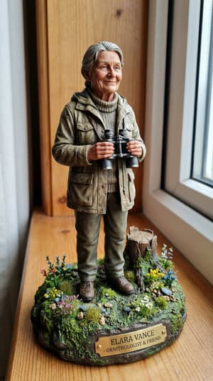 A highly detailed realistic figurine of a person with expressive personality, placed on a decorative nature-themed base featuring miniature grass, flowers, and habitat elements, complete with a small nameplate
