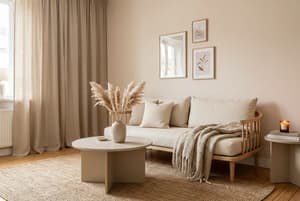 Minimalist Scandinavian homestaging living room with decluttered furniture and warm inviting atmosphere in soft neutral color palette