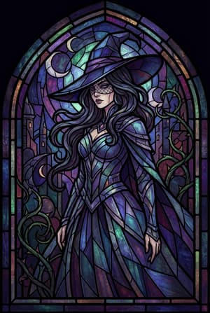 Stained glass portrait of mysterious alluring femme fatale with intricate lead lines and vibrant translucent glass texture, deep blues and purples with glowing highlights, classic cathedral window composition with modern edgy character design