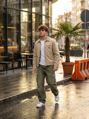Ultra-realistic street fashion portrait of young man in beige jacket and olive jeans walking confidently on wet pavement with warm sunlight and urban blur