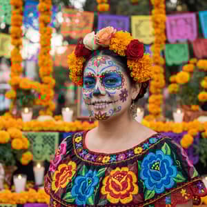 Day of the Dead character with intricate sugar skull face paint featuring colorful floral patterns, traditional Mexican dress with flower crown, surrounded by marigold flowers and candles