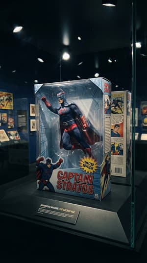 Superhero action figure with cape and mask in dynamic flying pose, displayed in custom comic book style packaging with origin story and LIMITED EDITION labels, showcased in dramatic museum lighting case