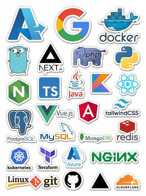 Clean 2D vector sticker sheet with 28 tech company logos arranged in balanced collage layout with white borders and drop shadows on pure white background