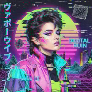 Vaporwave aesthetic portrait with heavy glitch art effects scanlines and retro-futuristic color palette of neon pink cyan and lime green, 90s digital artifacts, distorted geometric shapes, nostalgic technological decay, high-energy vibrant and surreal