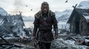 Dark cinematic Viking survivor warrior with battle-worn gear trekking through burned village near fjord with mountains and ravens, misty cold lighting