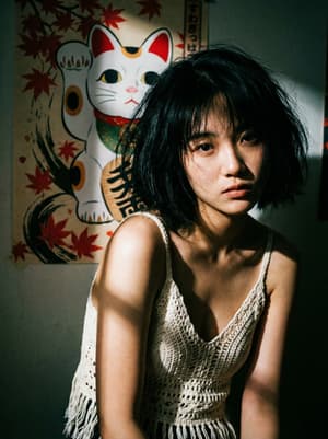 Vintage cinematic close-up of Asian woman with short wavy hair in ivory crochet top, dramatic harsh lighting with artistic shadows, Japanese poster background with Maneki-neko