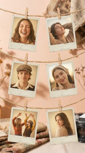 Artistic collage of 6 vintage Polaroid photos with fading and old paper effect, attached with decorative rope and mini clothespins on soft pastel wall background, featuring various expressions including laughter, dreamy gaze, playful wink, calm smile, dynamic gesture, and romantic glance