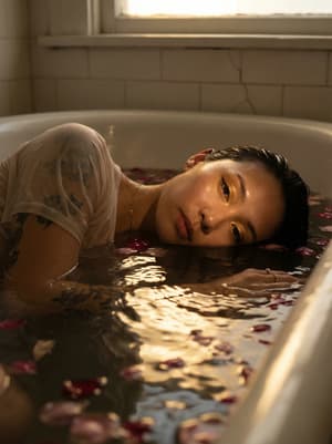 Hyper-realistic cinematic water reflection portrait of subject reclining in antique bathtub with translucent fabric, dark petals floating, soft golden lighting creating intimate serene mood