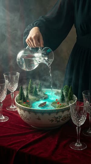 Surreal cinematic fantasy scene of hand pouring water into bowl creating miniature enchanted landscape with glowing turquoise river forest rowboat red poppy flowers dramatic lighting
