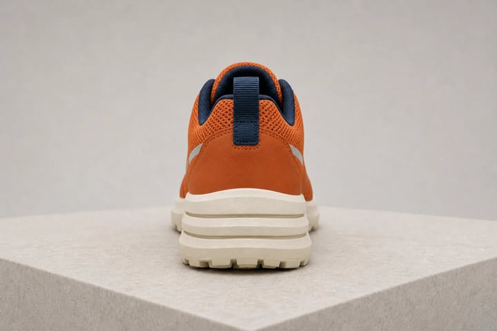 The same clay-orange trail shoe viewed directly from behind