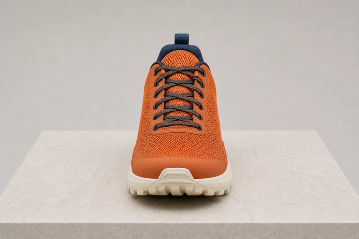 The same clay-orange trail shoe viewed directly from the front