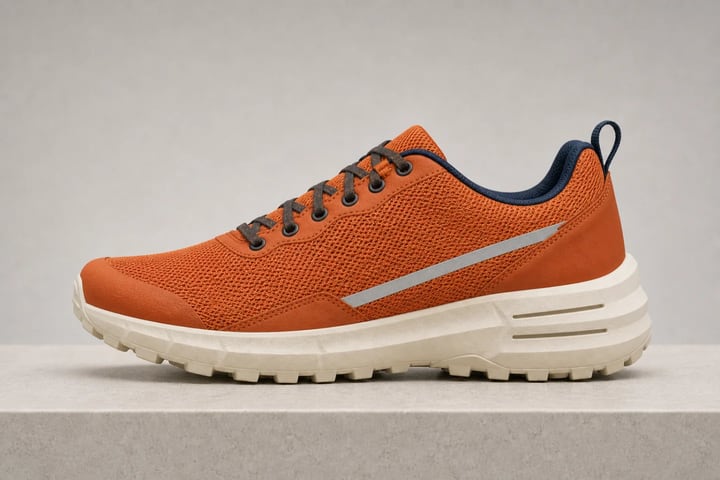 The same clay-orange trail shoe shown in a precise outer-side profile