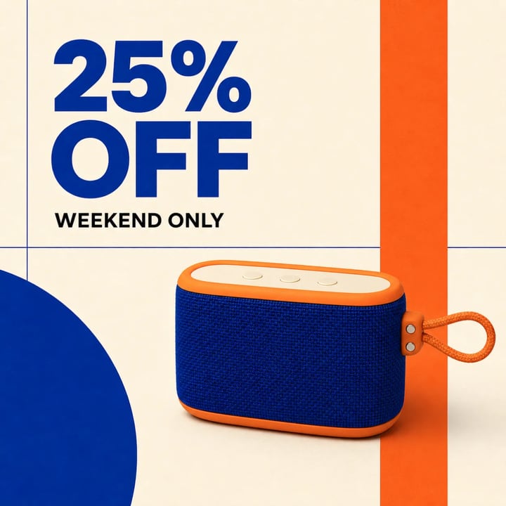 Square sale poster with the cobalt and orange speaker and a clear 25 percent off weekend offer
