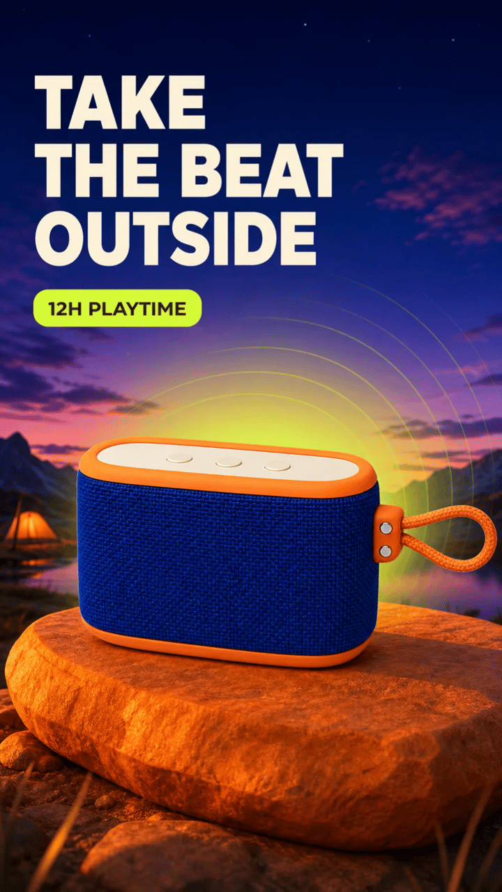Vertical social story poster showing the cobalt and orange speaker outdoors at dusk with a 12-hour playtime message