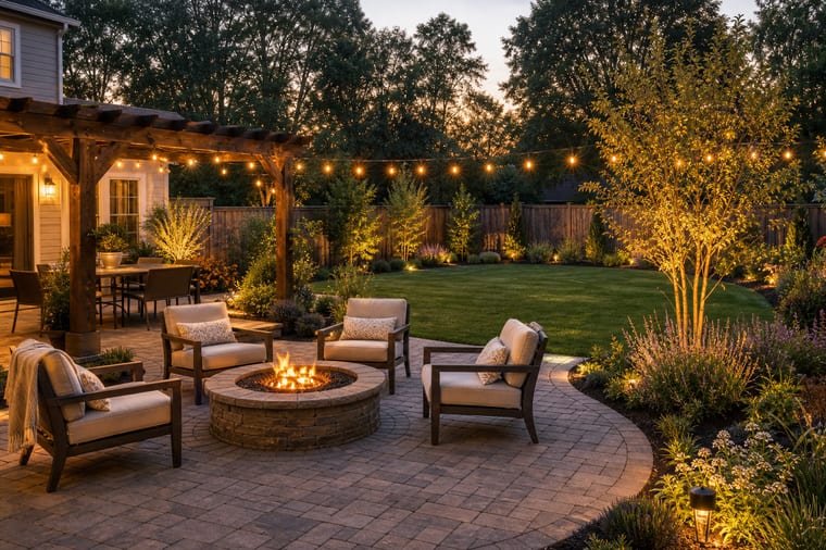 AI backyard design outdoor living patio with fire pit and landscaping