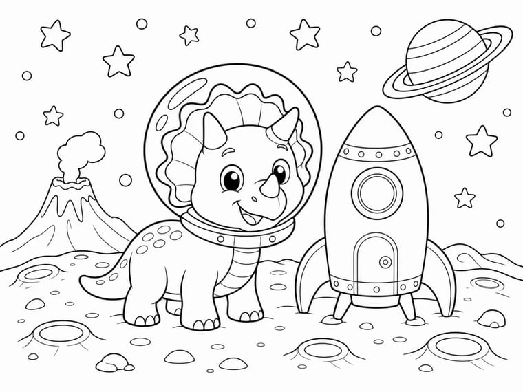 Pagina per bambini di dinosauro spaziale creata con IA