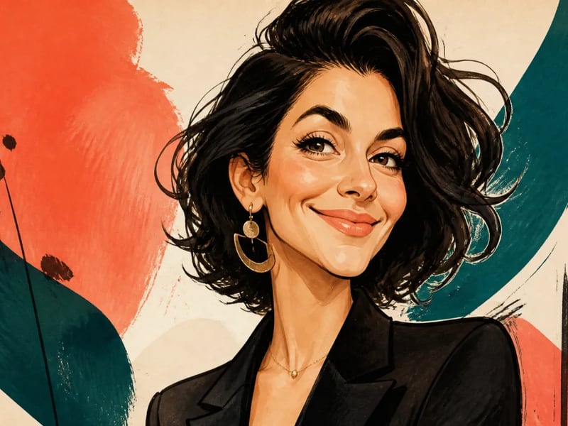 Editorial caricature portrait of a smiling woman with expressive ink lines