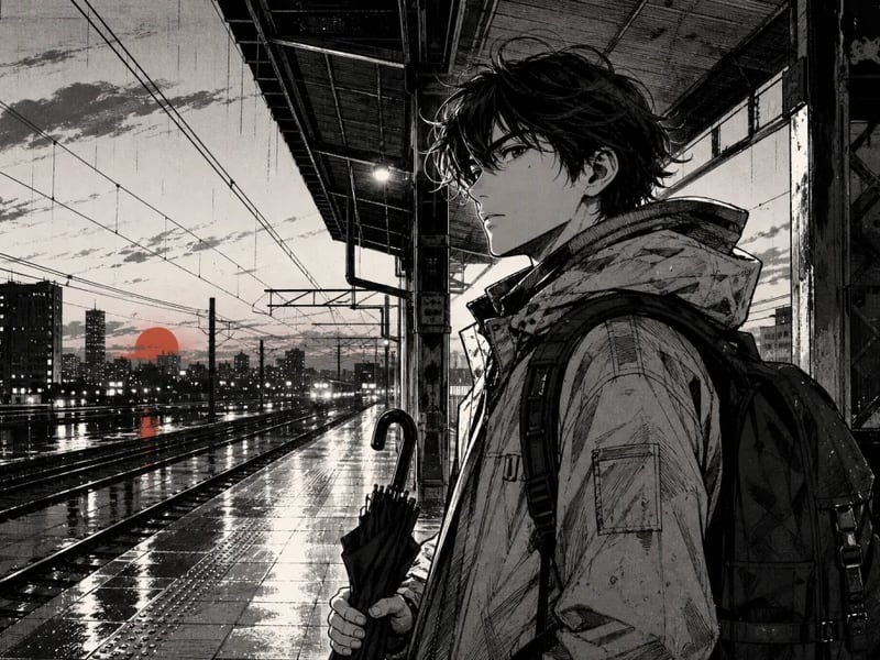 Personaje manga original en blanco y negro esperando en un andén lluvioso