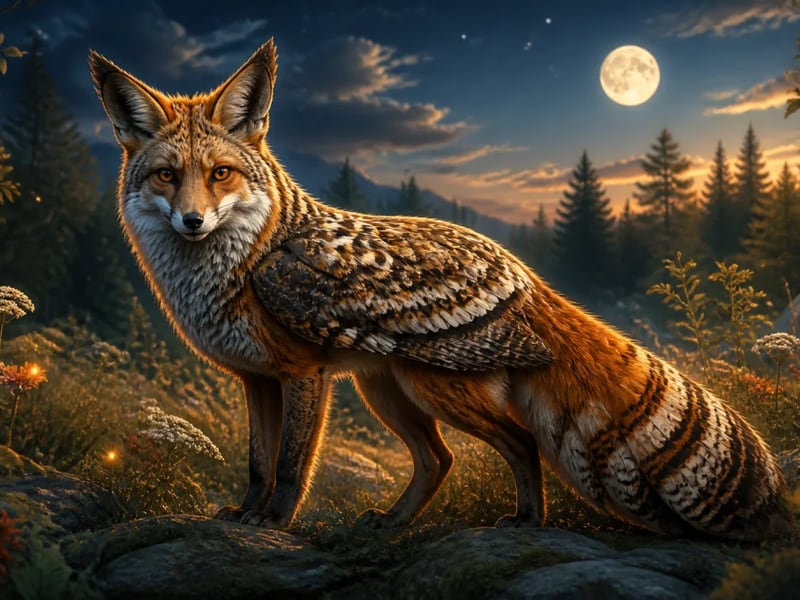 Original fox and owl hybrid creature standing in a moonlit meadow