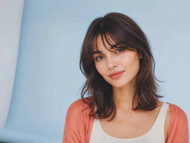 Portrait of a woman with soft curtain bangs against a blue background