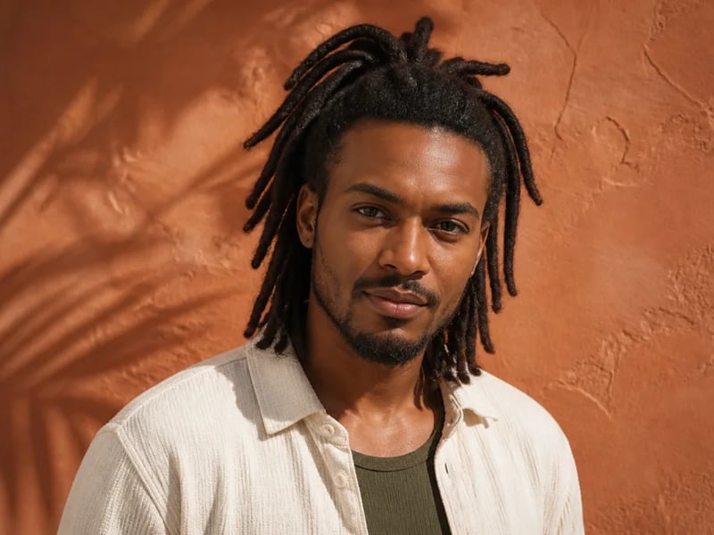 Portrait of an adult man with medium-length locs in warm sunlight