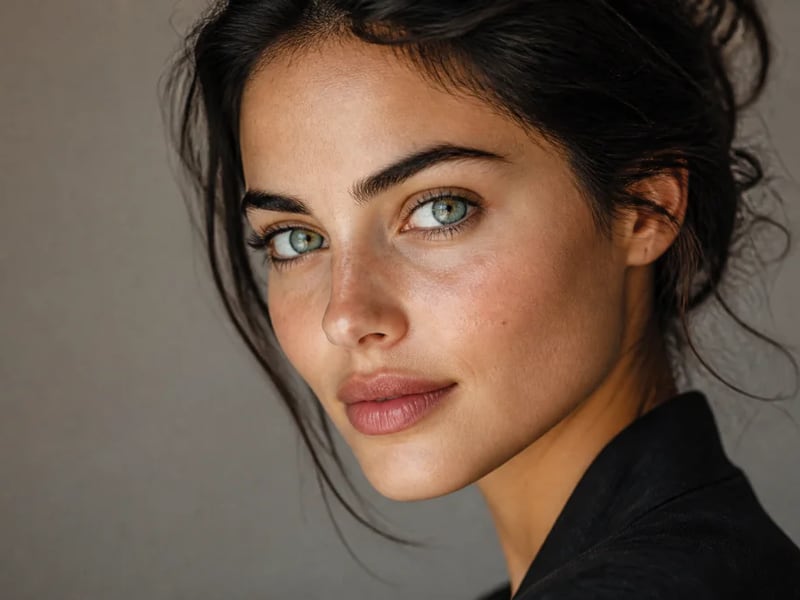 Realistic portrait with natural teal-green eyes and soft studio light