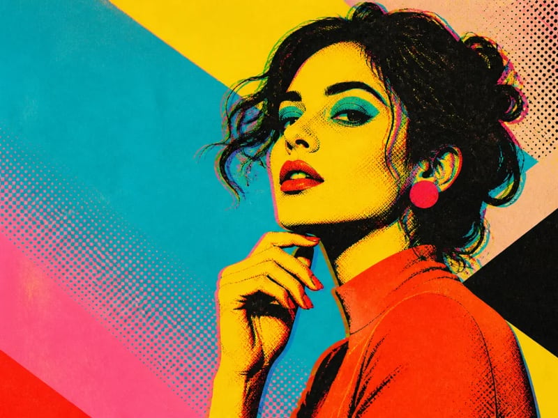 Bold cyan yellow magenta and red pop art portrait with halftone dots